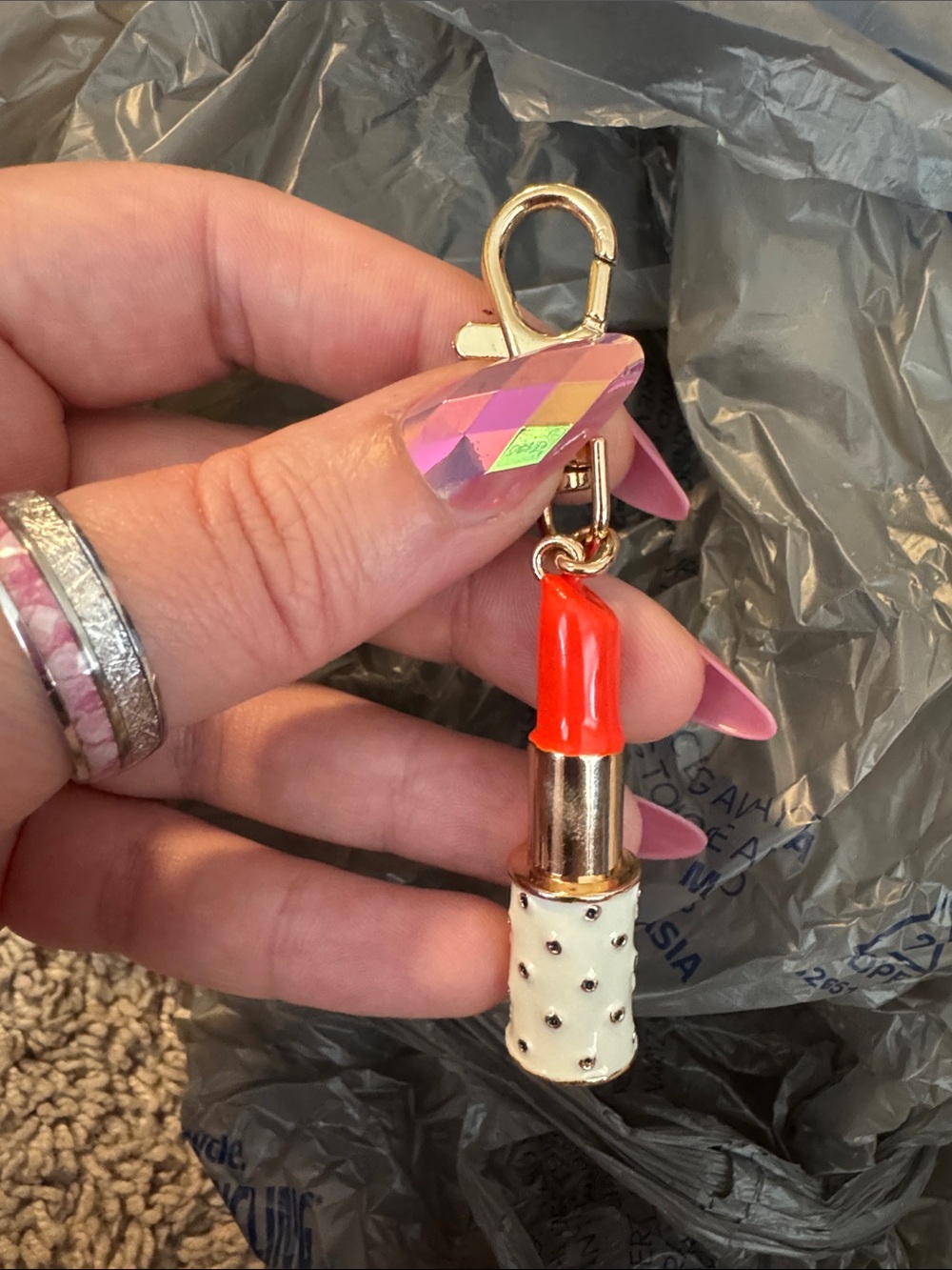 kate spade Red & White Lipstick Charm Keychain with Gold Hardware